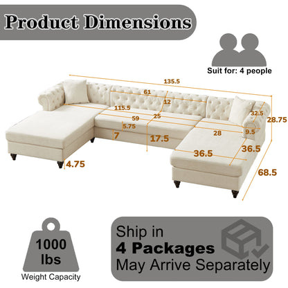 135.5 - inch Modern Style Chenille Three Piece Sofa, Pull Point Design U - shaped Sofa two Chaise Longue Seats, two Pillows and Wooden feet, Suitable for Living room, Bedroom, Lounge and Projection Room - DREAM YOUR HOUSE