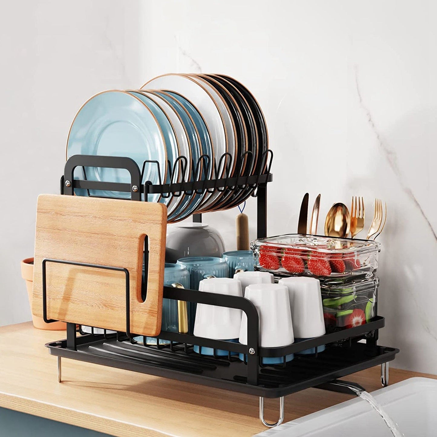 2 - Tier Dish Drying Rack for Kitchen Counter Space Saving Rustproof Dish Rack with Drainboard Detachable Kitchen Drainer Organizer Set - DREAM YOUR HOUSE