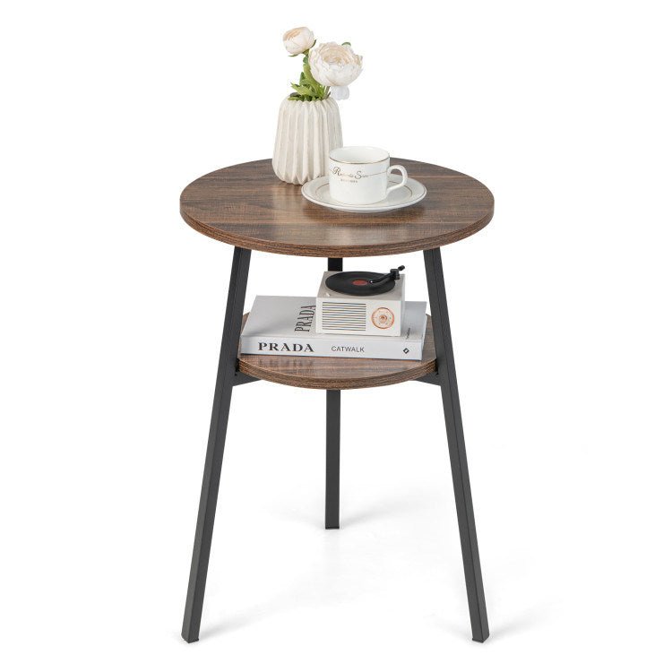 2 - Tier Round End Table with Open Shelf and Triangular Metal Frame - DREAM YOUR HOUSE