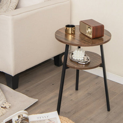 2 - Tier Round End Table with Open Shelf and Triangular Metal Frame - DREAM YOUR HOUSE