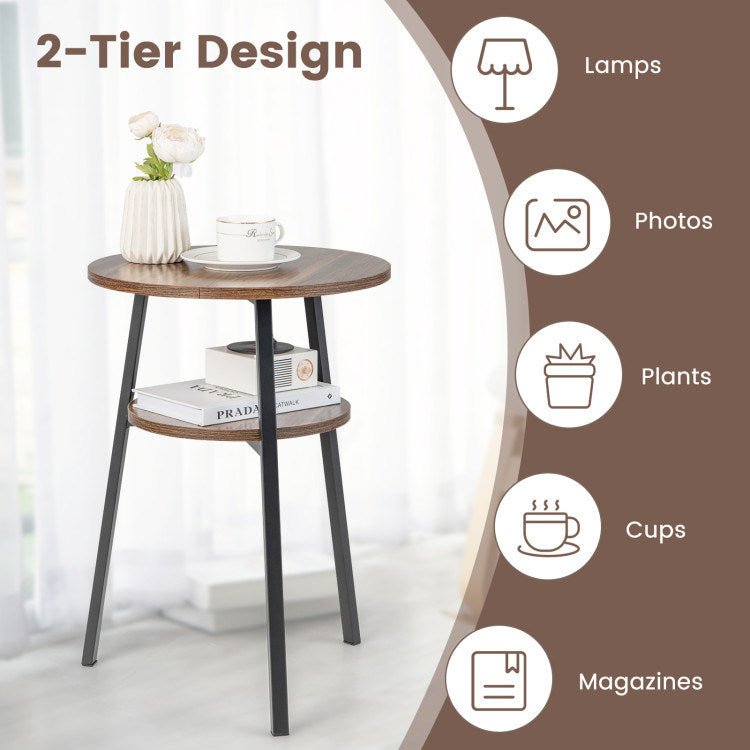 2 - Tier Round End Table with Open Shelf and Triangular Metal Frame - DREAM YOUR HOUSE