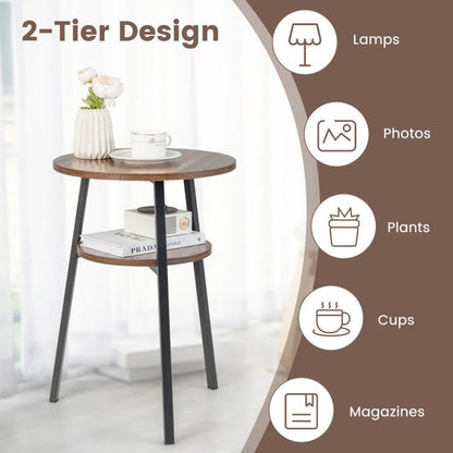 2 - Tier Round End Table with Open Shelf and Triangular Metal Frame - DREAM YOUR HOUSE