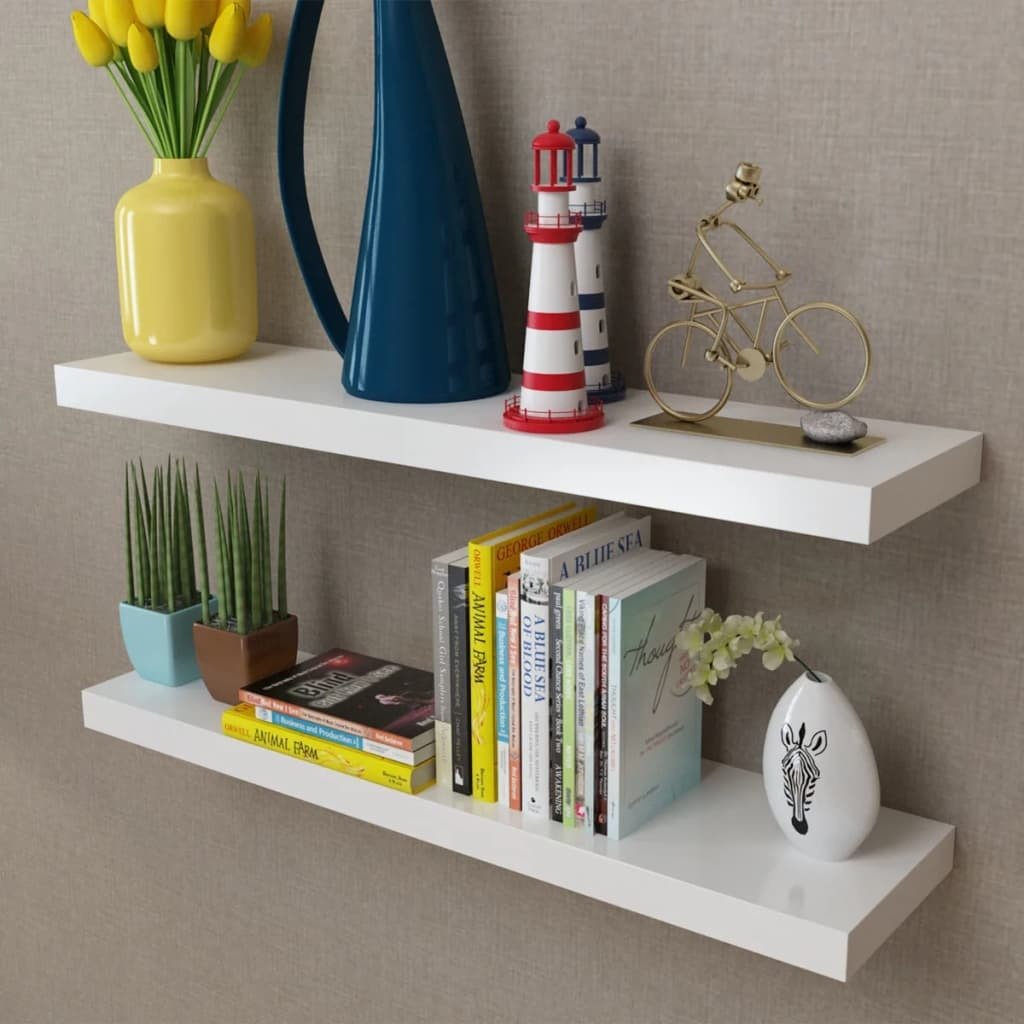 2 White MDF Floating Wall Display Shelves Book/DVD Storage - DREAM YOUR HOUSE