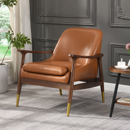 29.2'' Mid - Century Faux Leather Accent Chair with Cushioned Seat, Solid Wood Frame, and Brass - Tipped Legs – Perfect for Living Room, Bedroom, or Office Lounge" - DREAM YOUR HOUSE