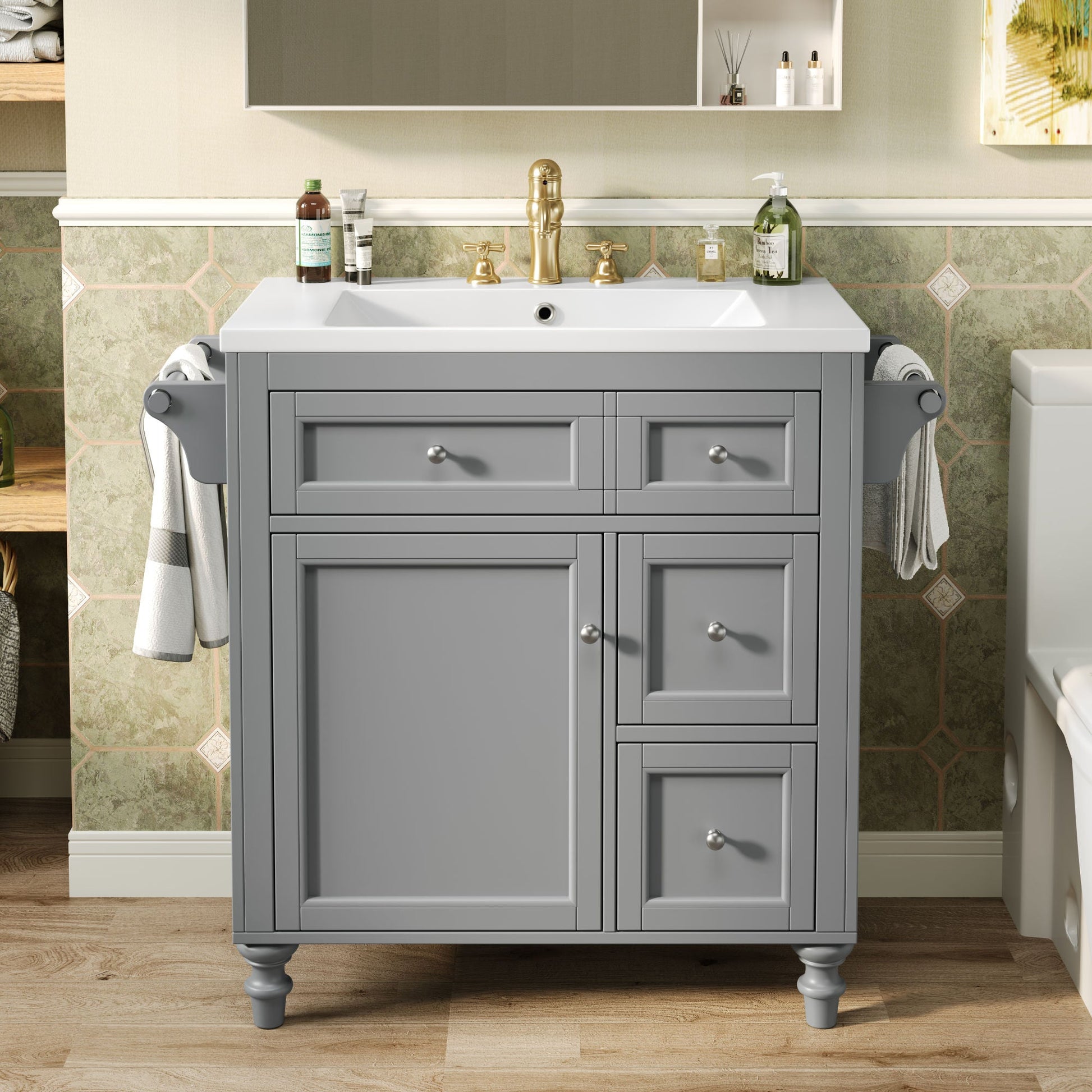 30'' Bathroom Vanity with Top Sink, Modern Bathroom Storage Cabinet with 2 Drawers and a Tip - out Drawer, Single Sink Bathroom Vanity - DREAM YOUR HOUSE