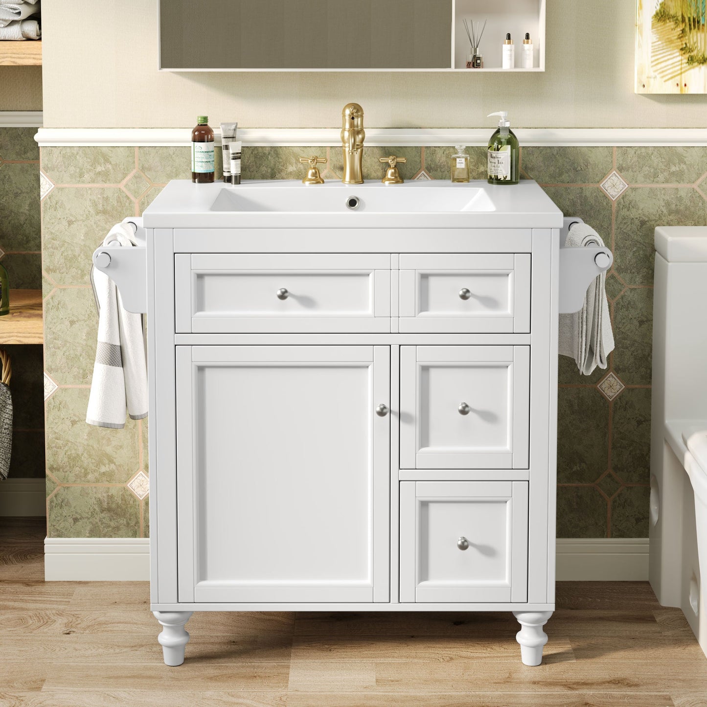 30'' Bathroom Vanity with Top Sink, Modern Bathroom Storage Cabinet with 2 Drawers and a Tip - out Drawer, Single Sink Bathroom Vanity - DREAM YOUR HOUSE