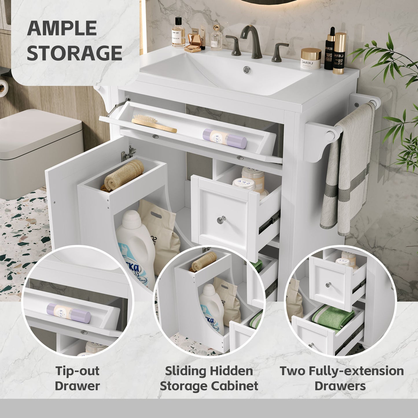 30'' Bathroom Vanity with Top Sink, Modern Bathroom Storage Cabinet with 2 Drawers and a Tip - out Drawer, Single Sink Bathroom Vanity - DREAM YOUR HOUSE