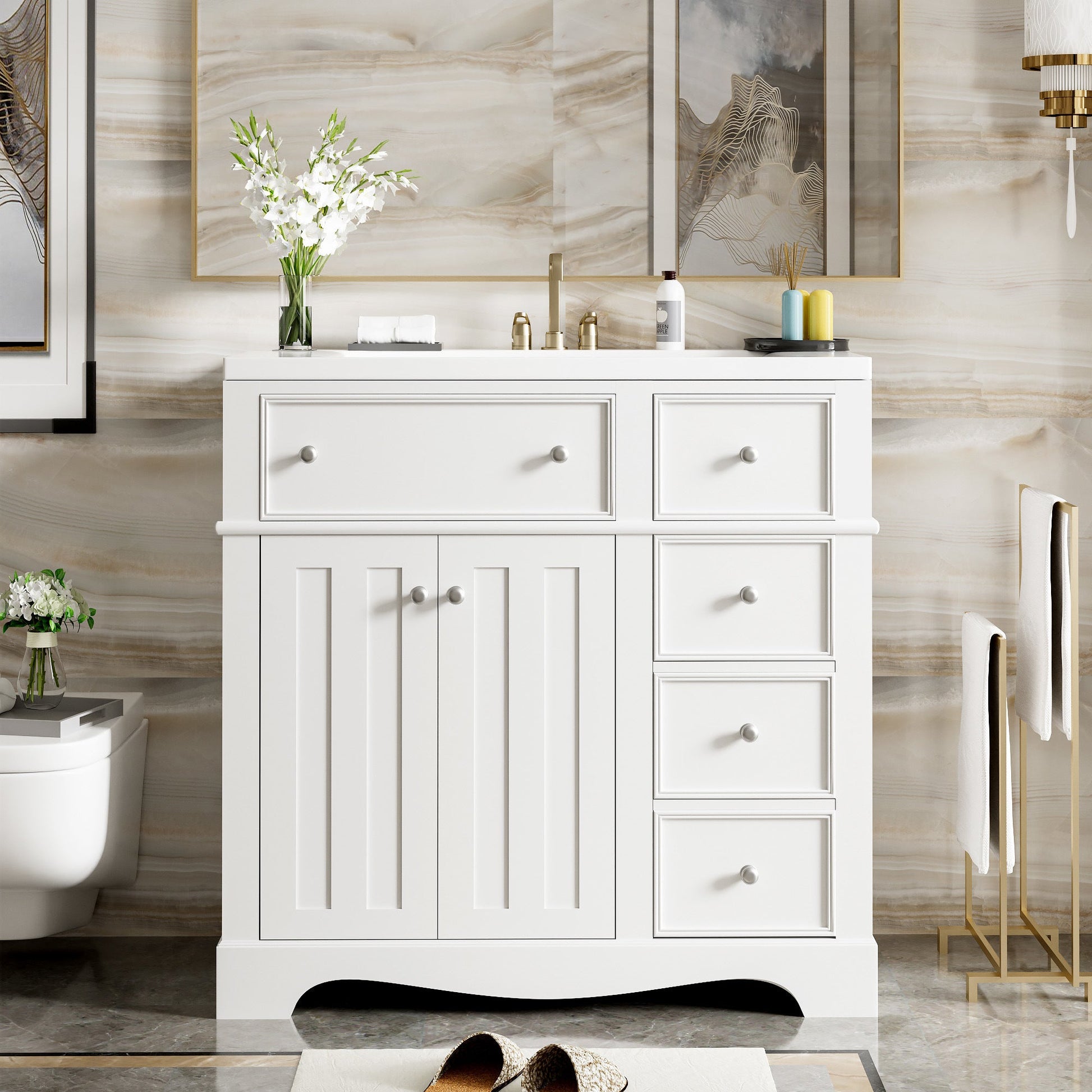 36'' Bathroom Vanity with Resin Sink Combo, Solid Wood Frame Bathroom Storage Cabinet, Freestanding Vanity Set with 3 Drawers& Adjustable Shelf - DREAM YOUR HOUSE