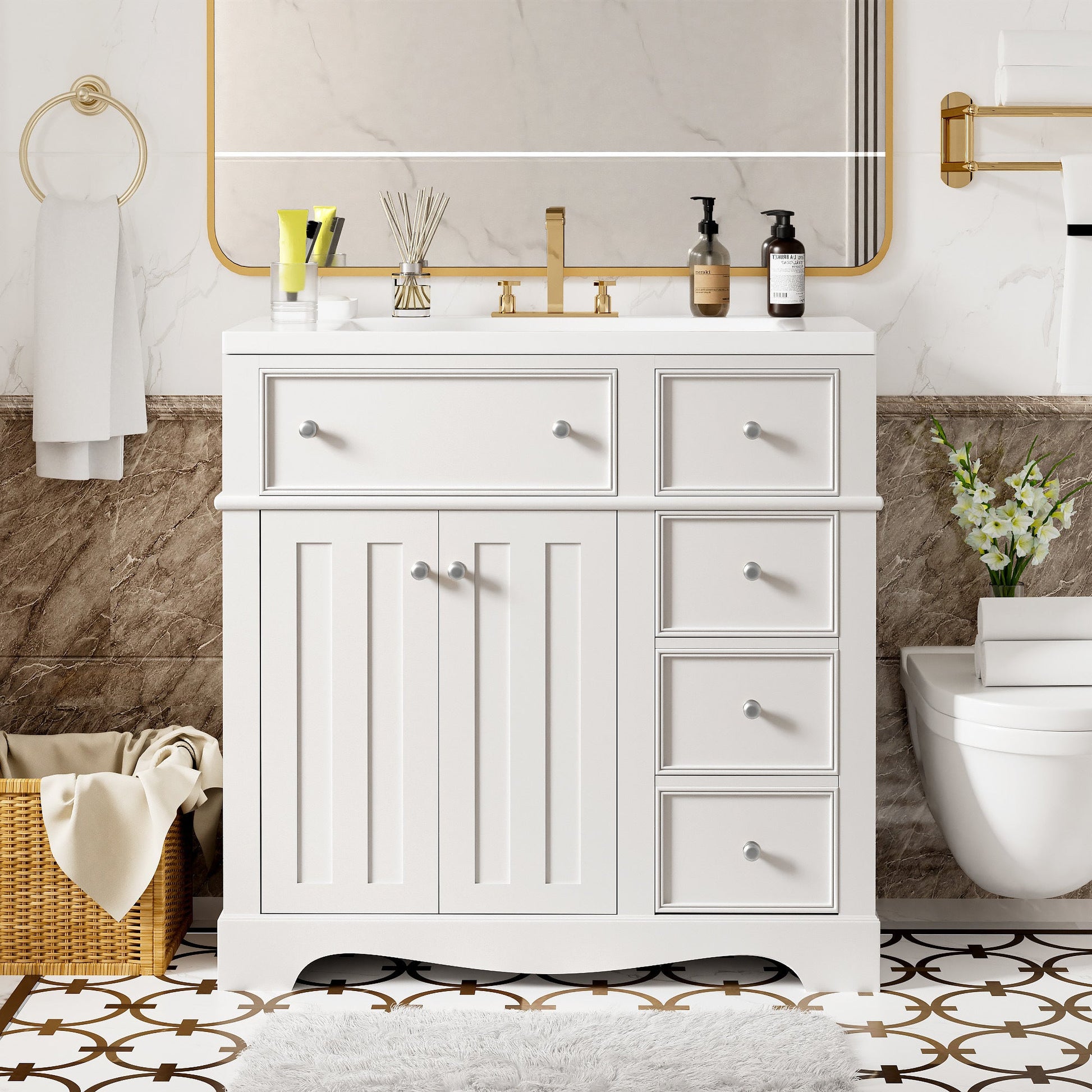 36'' Bathroom Vanity with Resin Sink Combo, Solid Wood Frame Bathroom Storage Cabinet, Freestanding Vanity Set with 3 Drawers& Adjustable Shelf - DREAM YOUR HOUSE