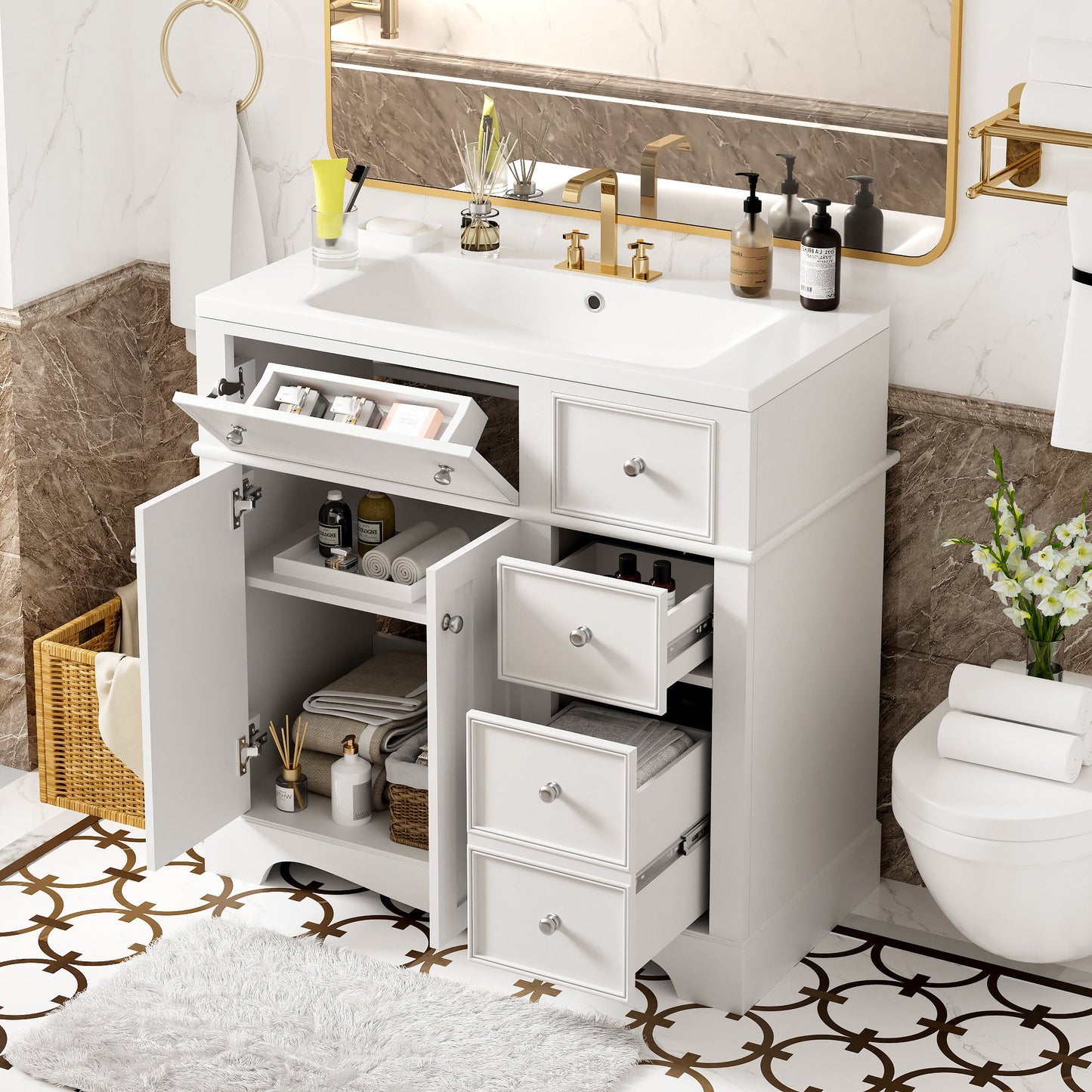 36'' Bathroom Vanity with Resin Sink Combo, Solid Wood Frame Bathroom Storage Cabinet, Freestanding Vanity Set with 3 Drawers& Adjustable Shelf - DREAM YOUR HOUSE