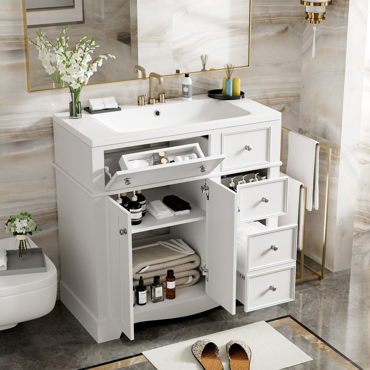 36'' Bathroom Vanity with Resin Sink Combo, Solid Wood Frame Bathroom Storage Cabinet, Freestanding Vanity Set with 3 Drawers& Adjustable Shelf - DREAM YOUR HOUSE