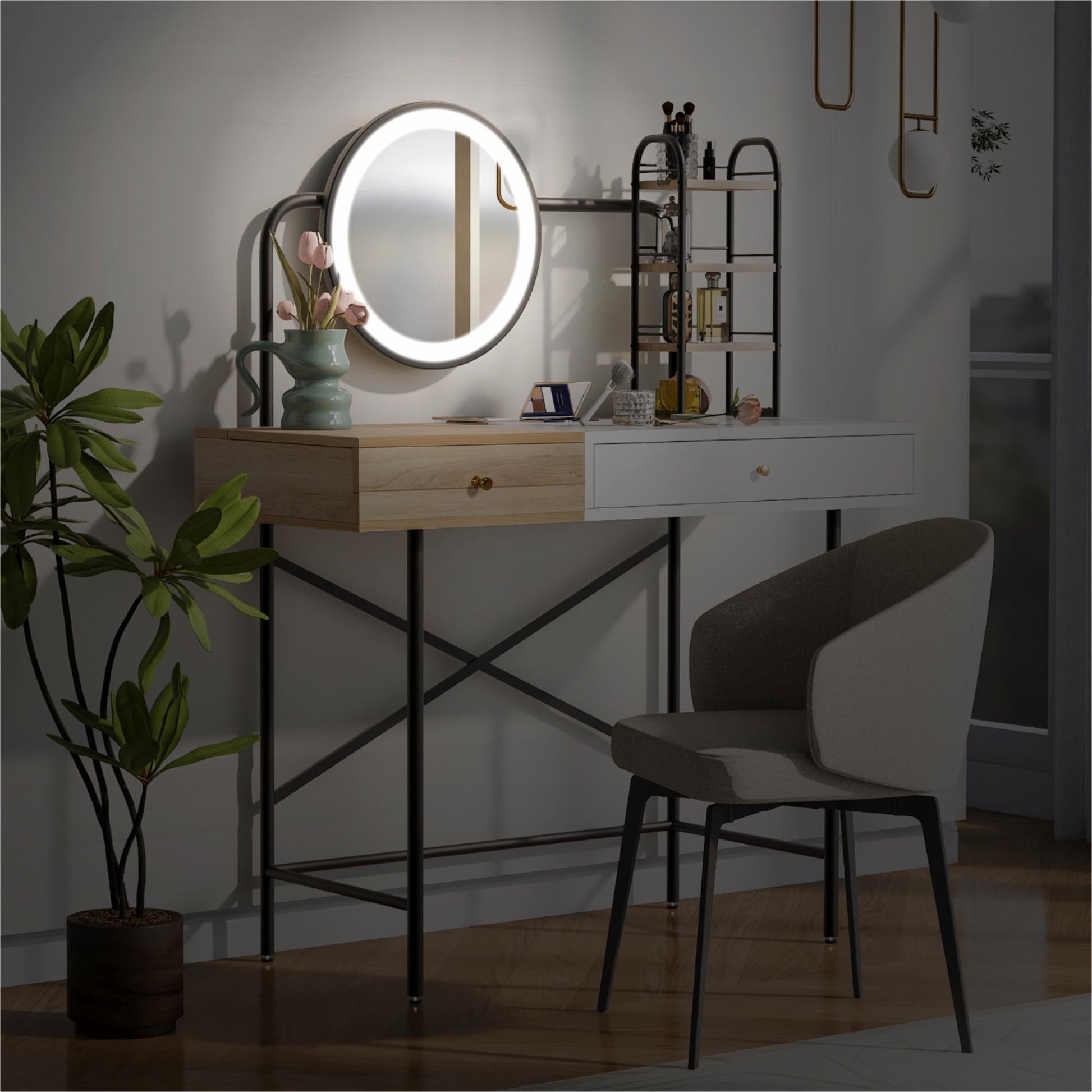 40 inch Makeup Vanity Desk with 3 - Mode Lighted Mirror & Wireless Charging Station,Vanity Table with Drawer & 3 Open Shelves for Ample Storage Space,Dressing Table for Bedroom - DREAM YOUR HOUSE