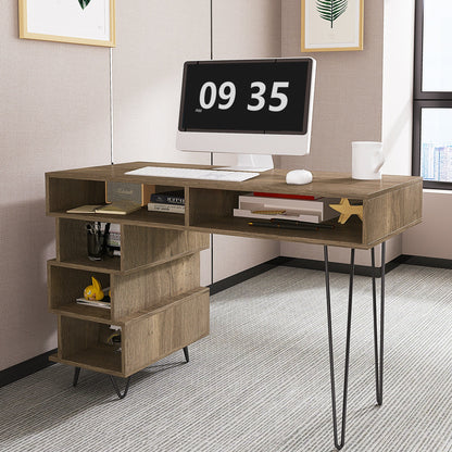 43.31inches medieval profiled geometry desk, computer desk, modern writing study desk with open lattice and v - shaped iron leg, multi - purpose home office computer desk, color: Brown. - DREAM YOUR HOUSE