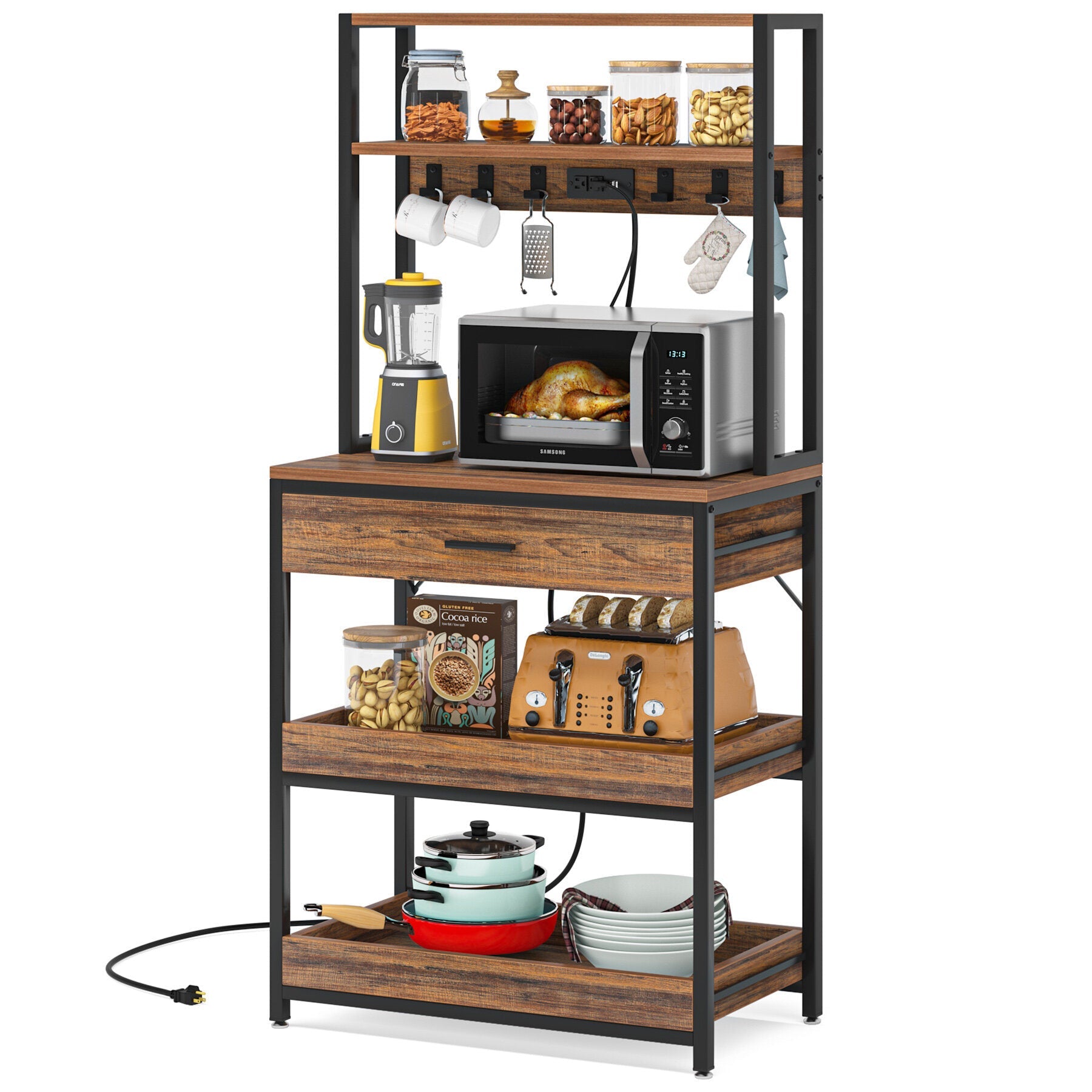 5 - Tier Kitchen Baker's Rack with Power Outlets, Drawer & Sliding Shelves - DREAM YOUR HOUSE