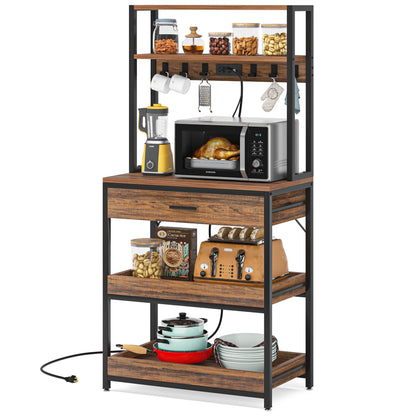 5 - Tier Kitchen Baker's Rack with Power Outlets, Drawer & Sliding Shelves - DREAM YOUR HOUSE