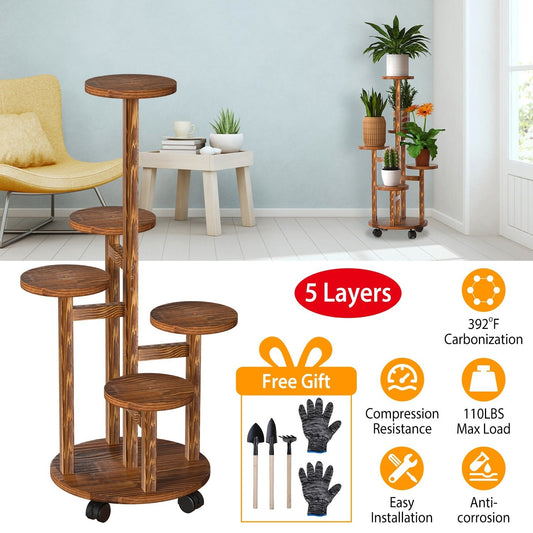 5 Tier Plant Stand with 4 Detachable Wheels Wooden Plant Pot Rolling Shelf Plant Display Rack for Indoor Outdoor Decoration - DREAM YOUR HOUSE