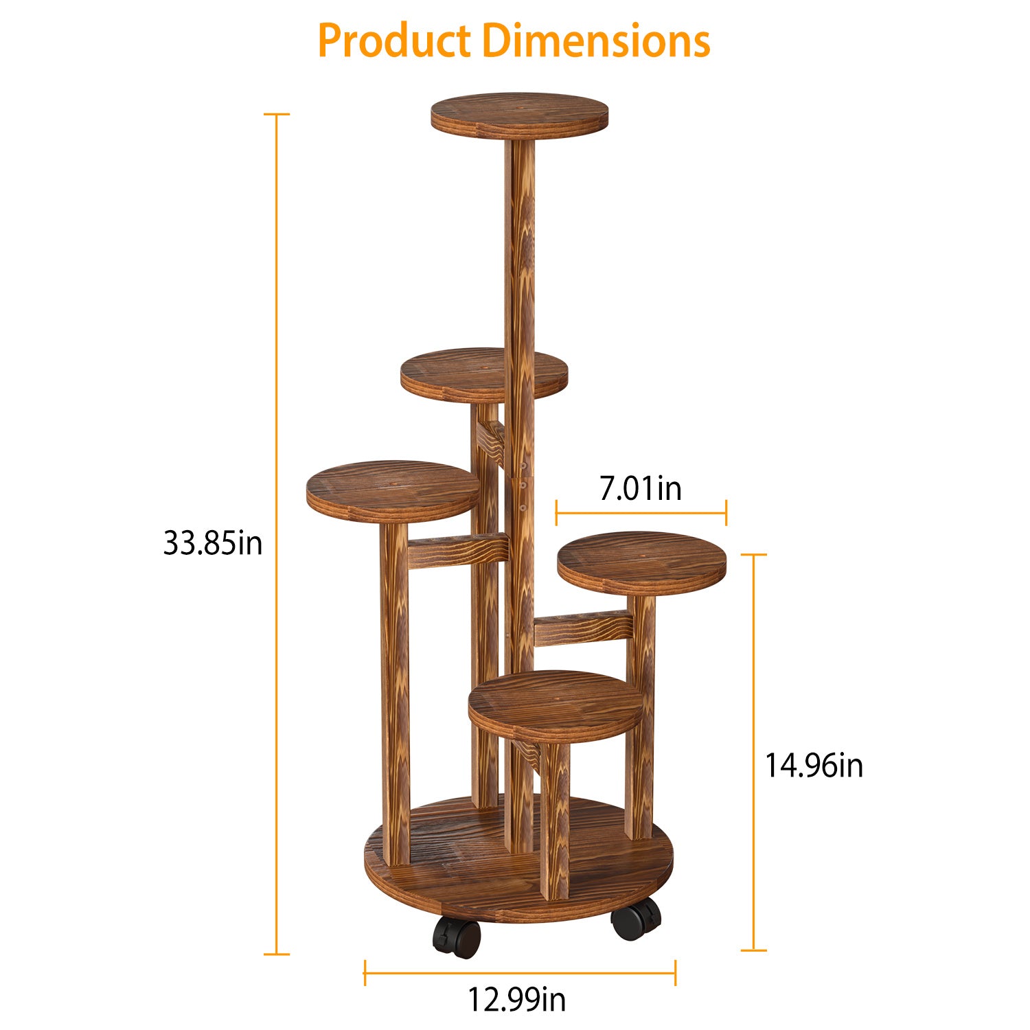 5 Tier Plant Stand with 4 Detachable Wheels Wooden Plant Pot Rolling Shelf Plant Display Rack for Indoor Outdoor Decoration - DREAM YOUR HOUSE