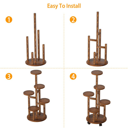 5 Tier Plant Stand with 4 Detachable Wheels Wooden Plant Pot Rolling Shelf Plant Display Rack for Indoor Outdoor Decoration - DREAM YOUR HOUSE