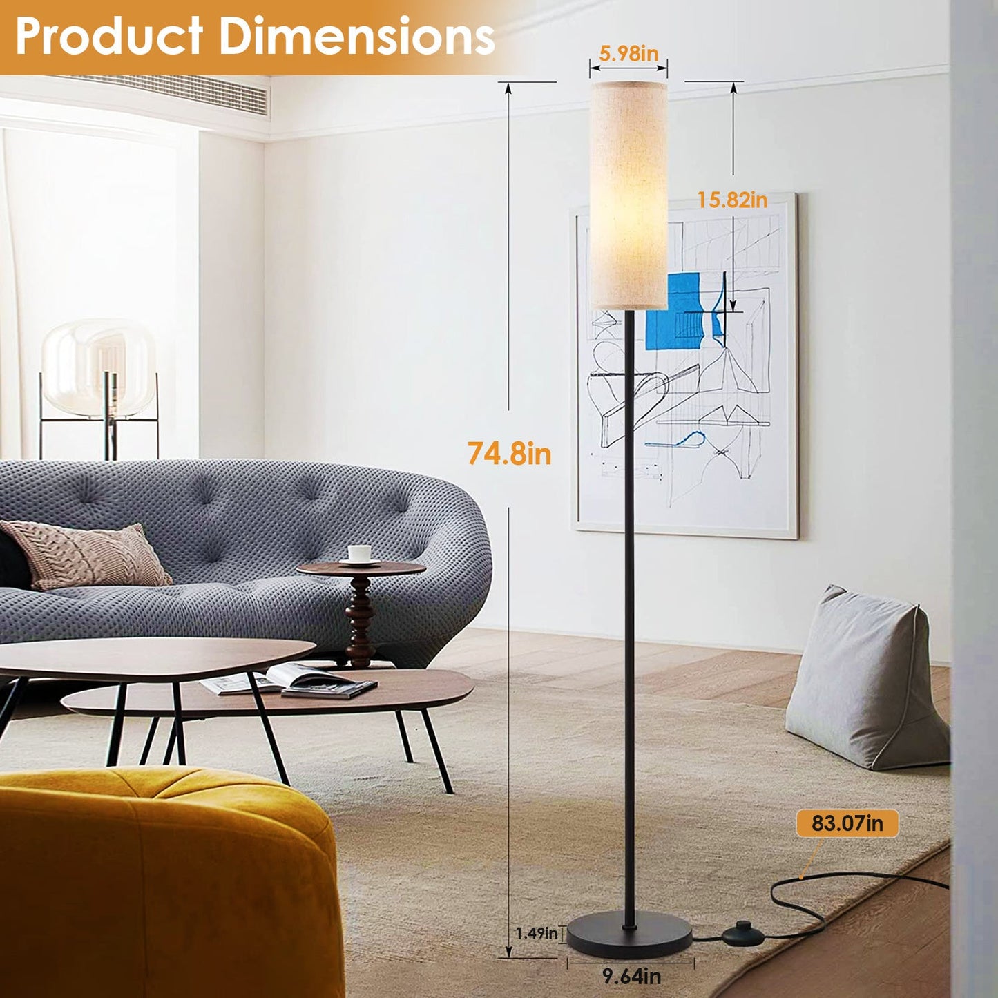 74.8in Tall Floor Lamp with Shade 3200K Warm Yellow Light Modern Standing Lamp Decorative Lamp with Foot Switch - DREAM YOUR HOUSE