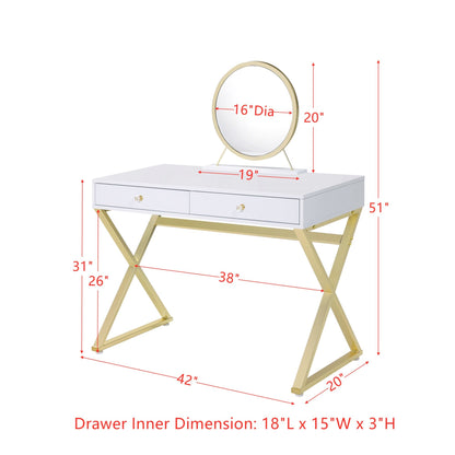 ACME Coleen Vanity Desk w/Mirror & Jewelry Tray in White & Gold Finish AC00667 - DREAM YOUR HOUSE