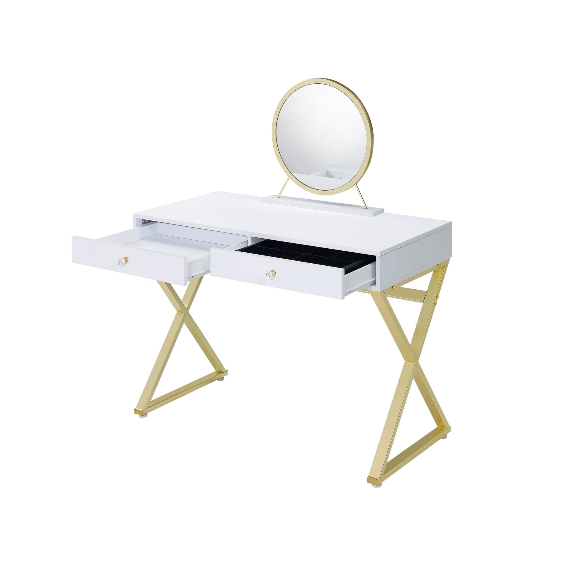 ACME Coleen Vanity Desk w/Mirror & Jewelry Tray in White & Gold Finish AC00667 - DREAM YOUR HOUSE