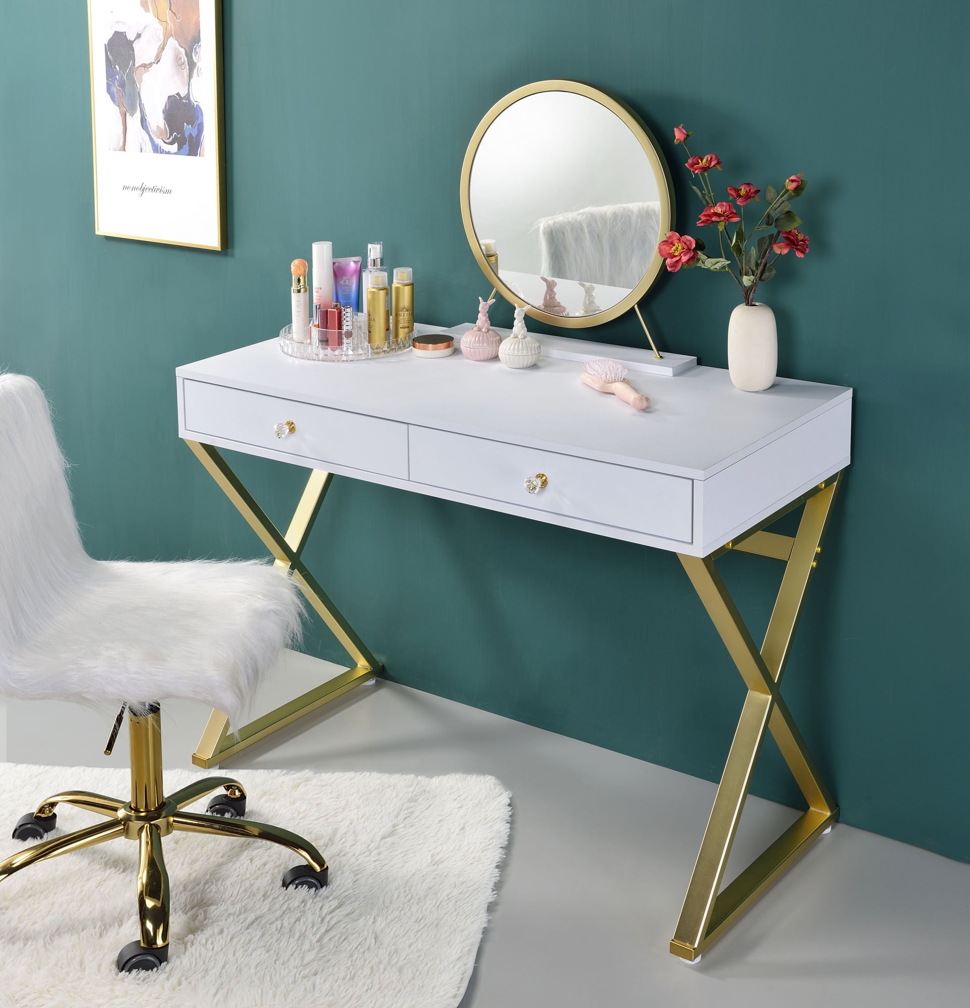 ACME Coleen Vanity Desk w/Mirror & Jewelry Tray in White & Gold Finish AC00667 - DREAM YOUR HOUSE