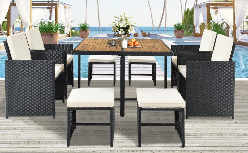 All - Weather PE Wicker Dining Table Set With Wood Tabletop for 8, Beige Cushion - DREAM YOUR HOUSE