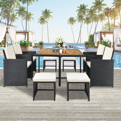 All - Weather PE Wicker Dining Table Set With Wood Tabletop for 8, Beige Cushion - DREAM YOUR HOUSE