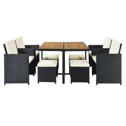 All - Weather PE Wicker Dining Table Set With Wood Tabletop for 8, Beige Cushion - DREAM YOUR HOUSE