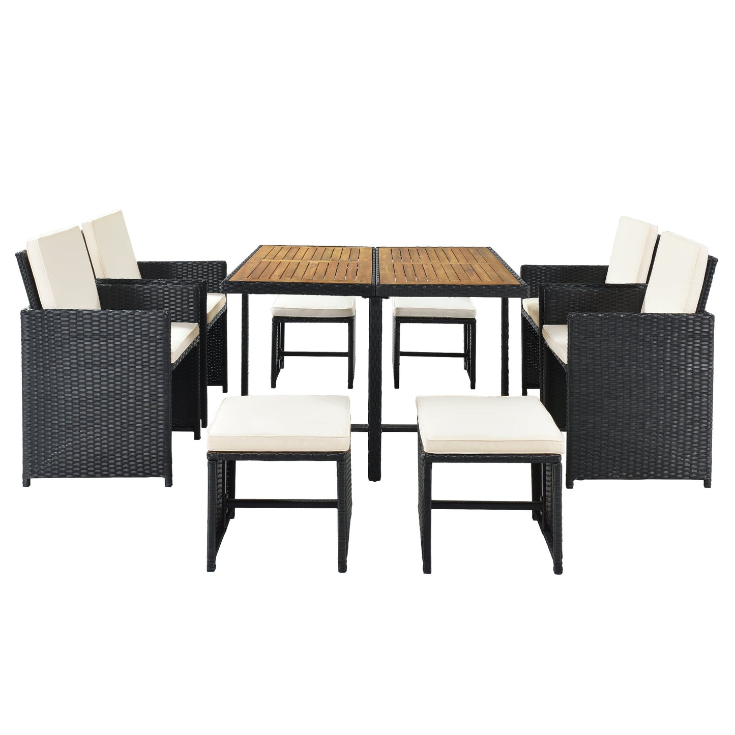 All - Weather PE Wicker Dining Table Set With Wood Tabletop for 8, Beige Cushion - DREAM YOUR HOUSE