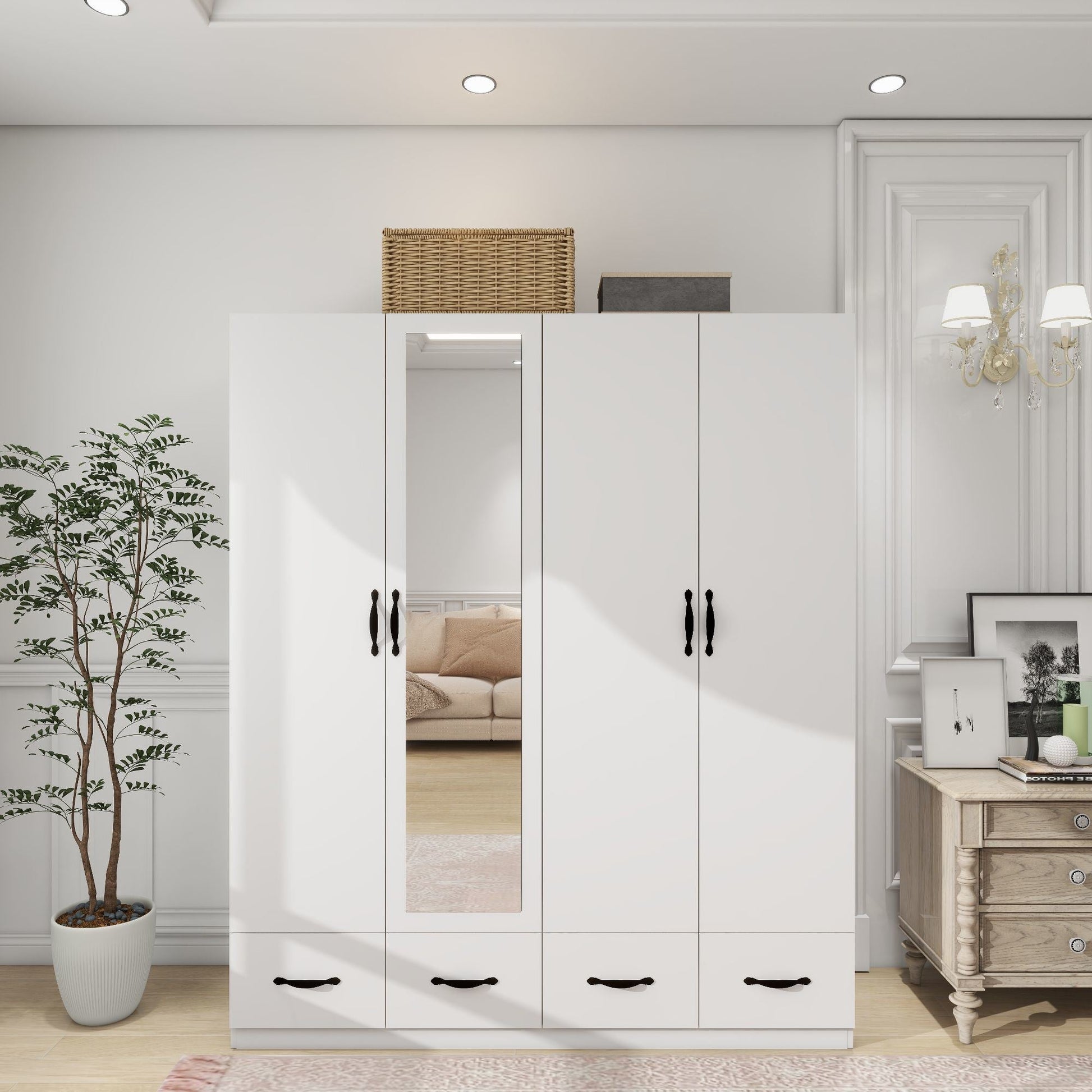 Armoire Wardrobe Closet 4 Door: 4 Drawers Wooden Cabinet Closet Wardrobe with Mirror and Hanging Rod High Storage Capacity for White Closet Cabinet 63" L x 20.3" W x 72.7" H - DREAM YOUR HOUSE