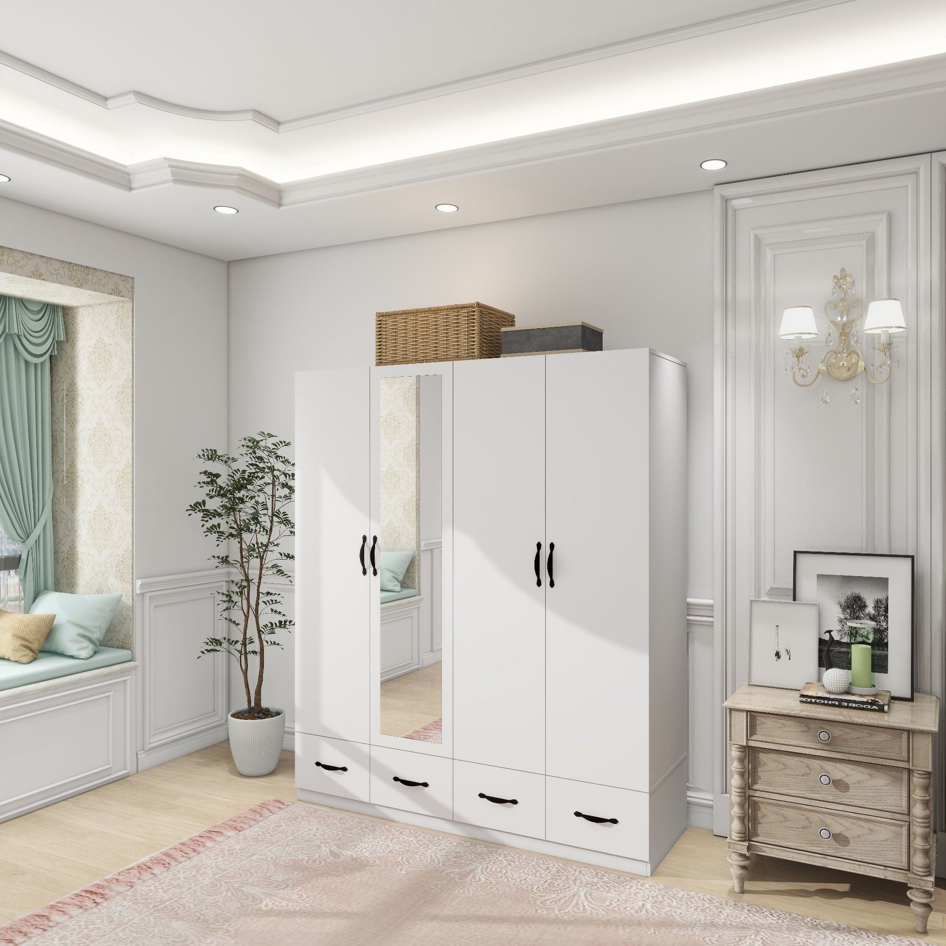 Armoire Wardrobe Closet 4 Door: 4 Drawers Wooden Cabinet Closet Wardrobe with Mirror and Hanging Rod High Storage Capacity for White Closet Cabinet 63" L x 20.3" W x 72.7" H - DREAM YOUR HOUSE