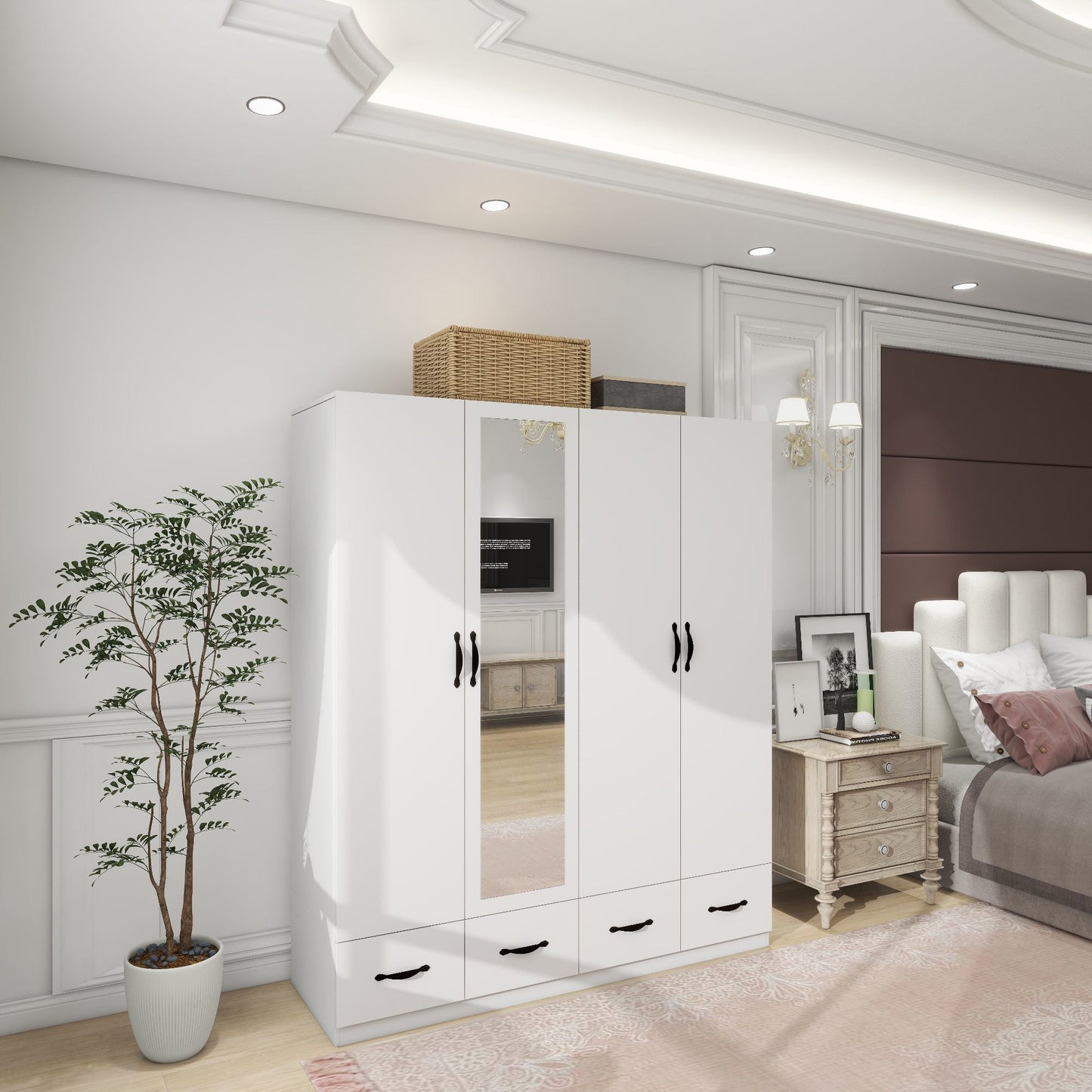 Armoire Wardrobe Closet 4 Door: 4 Drawers Wooden Cabinet Closet Wardrobe with Mirror and Hanging Rod High Storage Capacity for White Closet Cabinet 63" L x 20.3" W x 72.7" H - DREAM YOUR HOUSE