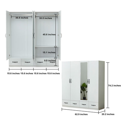 Armoire Wardrobe Closet 4 Door: 4 Drawers Wooden Cabinet Closet Wardrobe with Mirror and Hanging Rod High Storage Capacity for White Closet Cabinet 63" L x 20.3" W x 72.7" H - DREAM YOUR HOUSE