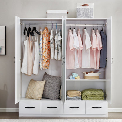 Armoire Wardrobe Closet 4 Door: 4 Drawers Wooden Cabinet Closet Wardrobe with Mirror and Hanging Rod High Storage Capacity for White Closet Cabinet 63" L x 20.3" W x 72.7" H - DREAM YOUR HOUSE