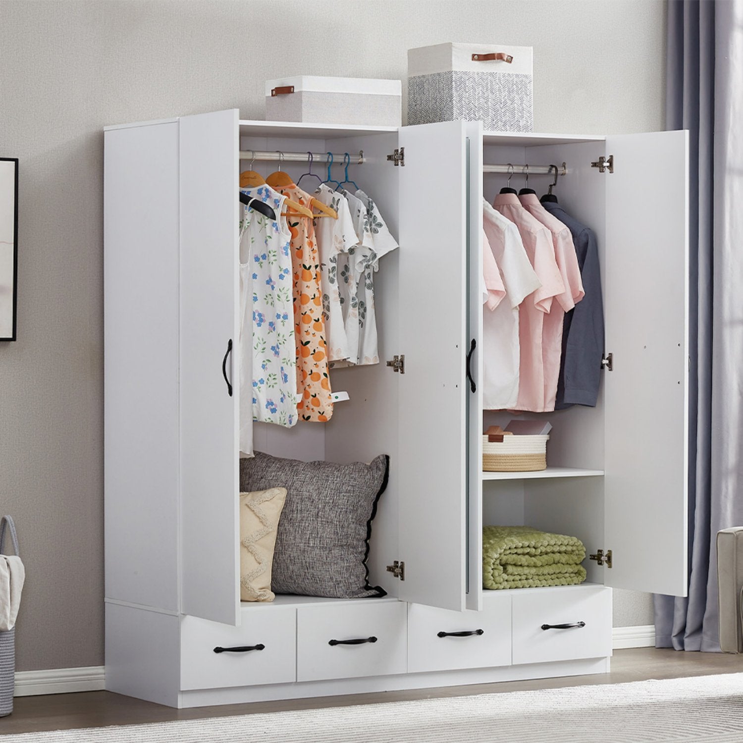 Armoire Wardrobe Closet 4 Door: 4 Drawers Wooden Cabinet Closet Wardrobe with Mirror and Hanging Rod High Storage Capacity for White Closet Cabinet 63" L x 20.3" W x 72.7" H - DREAM YOUR HOUSE