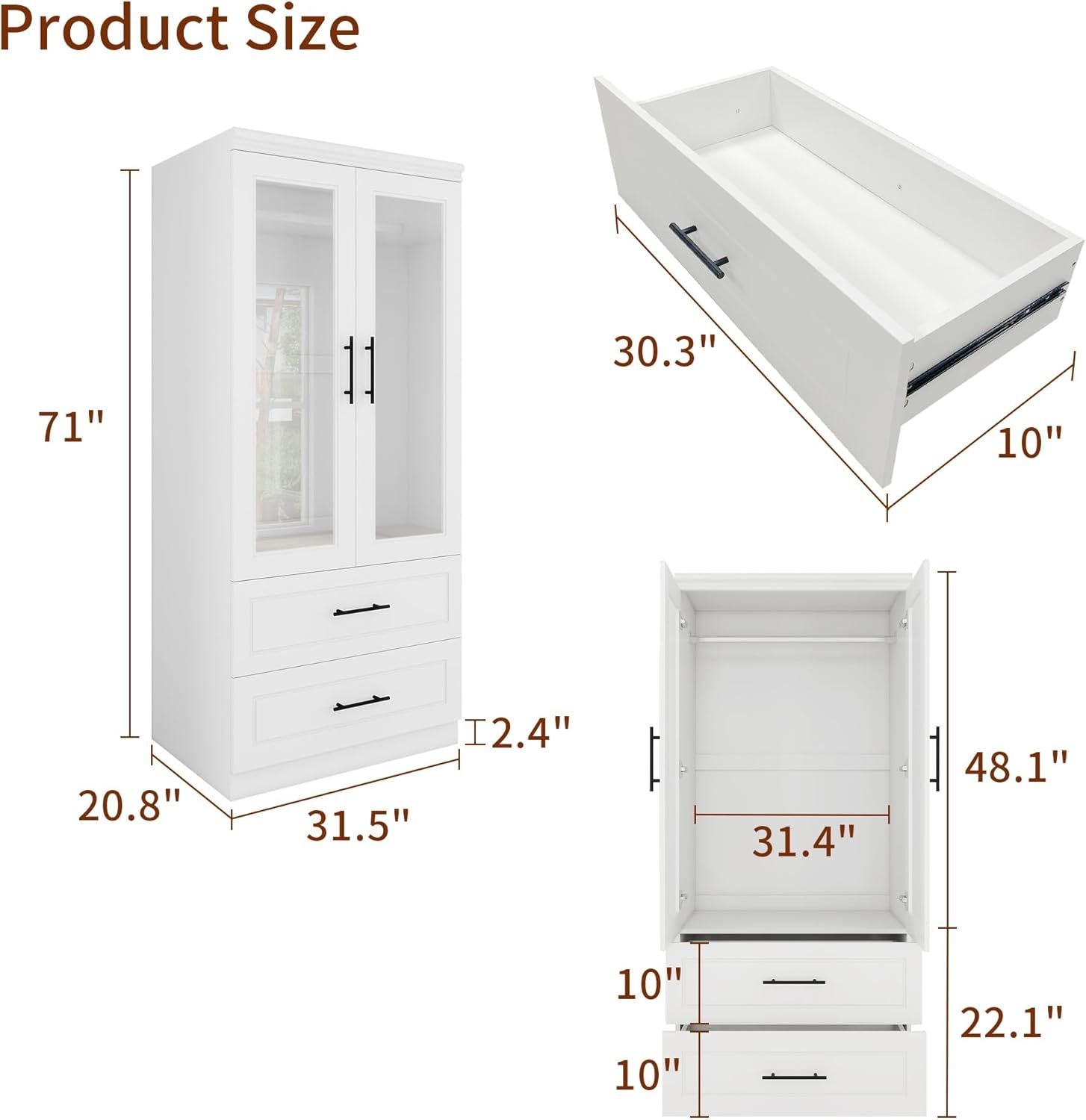 Armoire Wardrobe Closet with 2 Glass Closet Doors, 71" High Bedroom Wardrobe Closet with 2 Closet Drawers Cabinet Storage Wardrobe with Hanging Rod for Bedroom,Wooden Armoires and Wardrobes - DREAM YOUR HOUSE