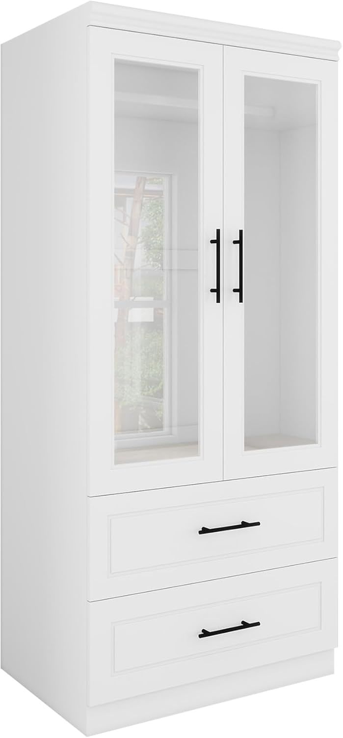 Armoire Wardrobe Closet with 2 Glass Closet Doors, 71" High Bedroom Wardrobe Closet with 2 Closet Drawers Cabinet Storage Wardrobe with Hanging Rod for Bedroom,Wooden Armoires and Wardrobes - DREAM YOUR HOUSE