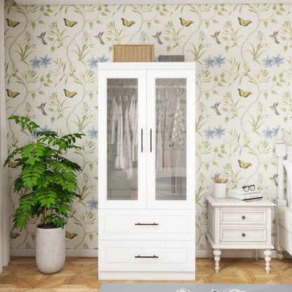 Armoire Wardrobe Closet with 2 Glass Closet Doors, 71" High Bedroom Wardrobe Closet with 2 Closet Drawers Cabinet Storage Wardrobe with Hanging Rod for Bedroom,Wooden Armoires and Wardrobes - DREAM YOUR HOUSE