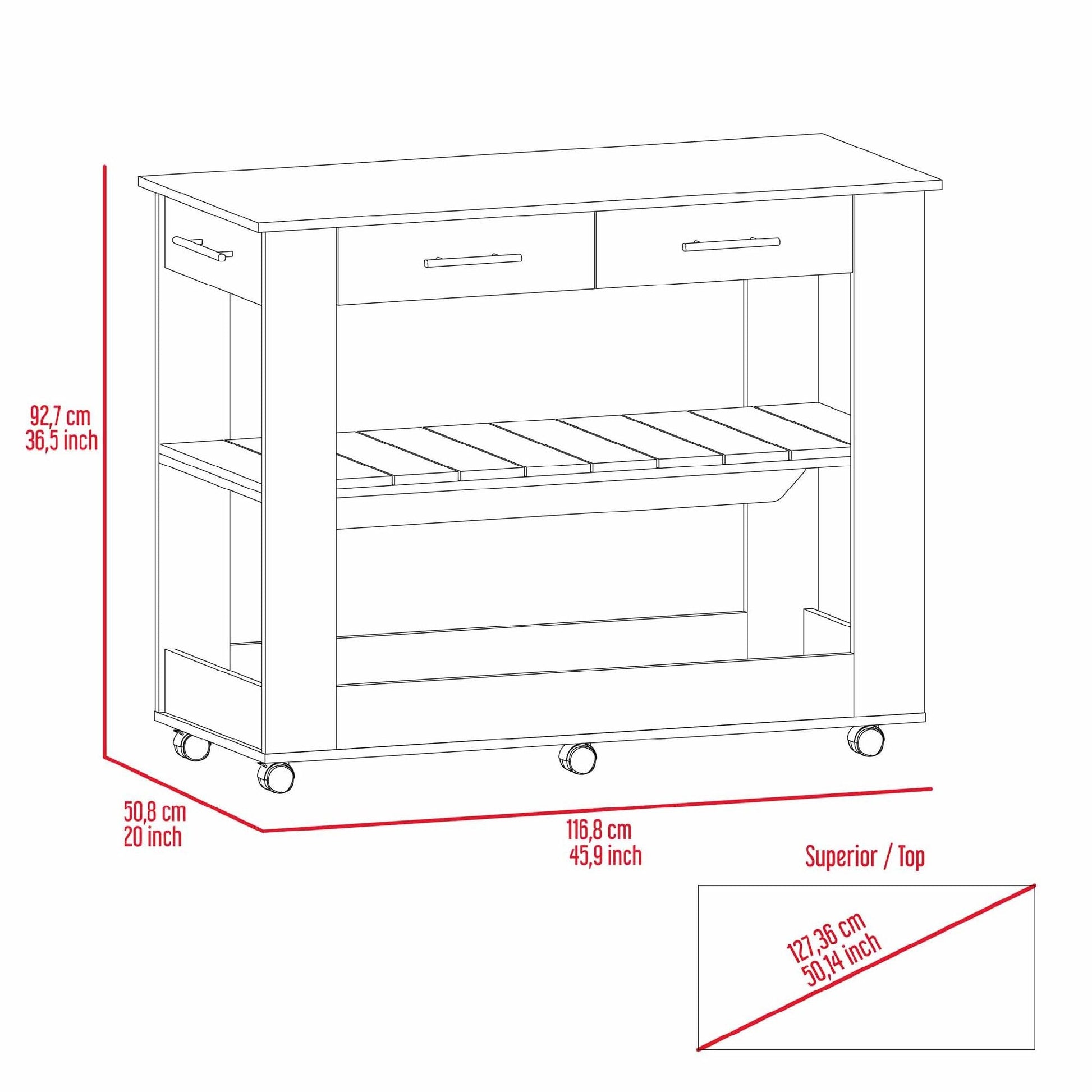 Brooklyn 46 Kitchen Island, Two Shelves, Two Drawers - DREAM YOUR HOUSE