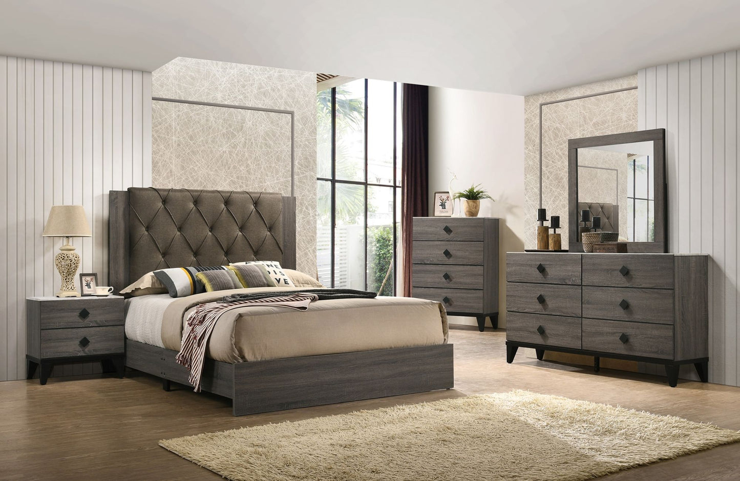 Contemporary 1pc California King Size Bed Bedroom Furniture Tufted Design Headboard Rubberwood 1pc Bedframe Gray Finish - DREAM YOUR HOUSE