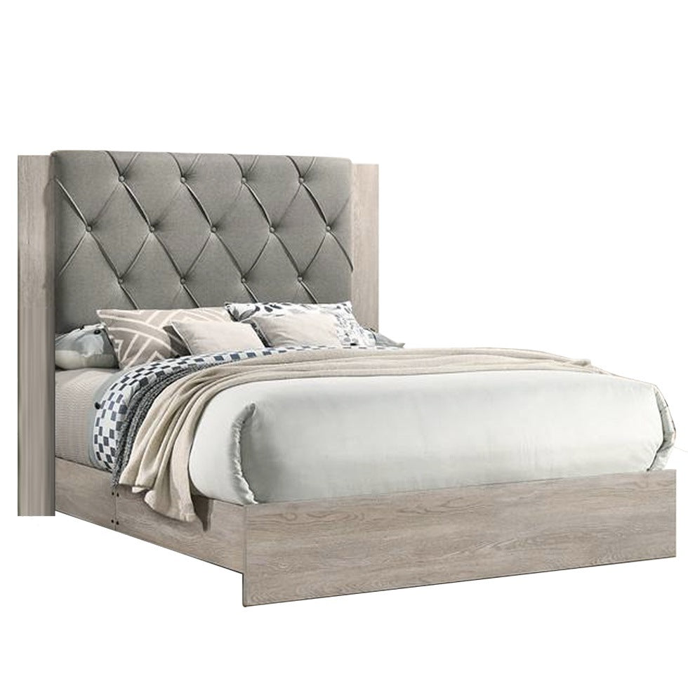 Contemporary 1pc Cream Finish Eastern King Size Bed Bedroom Furniture Gray Tufted Design Headboard Rubberwood 1pc Bedframe - DREAM YOUR HOUSE