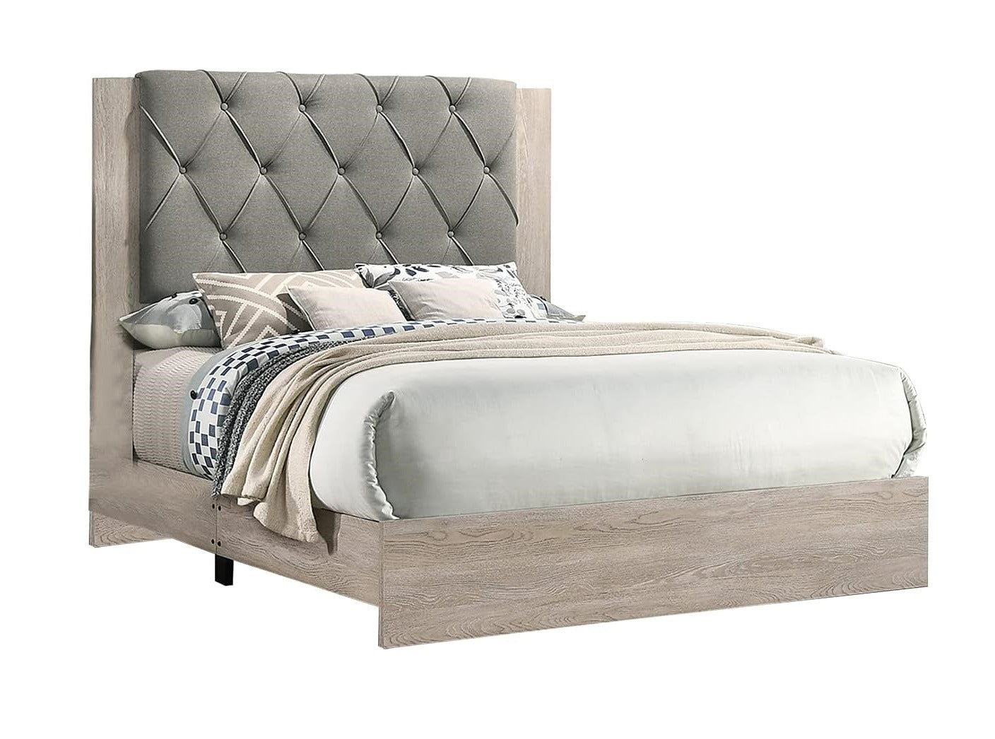 Contemporary 1pc Cream Finish Eastern King Size Bed Bedroom Furniture Gray Tufted Design Headboard Rubberwood 1pc Bedframe - DREAM YOUR HOUSE