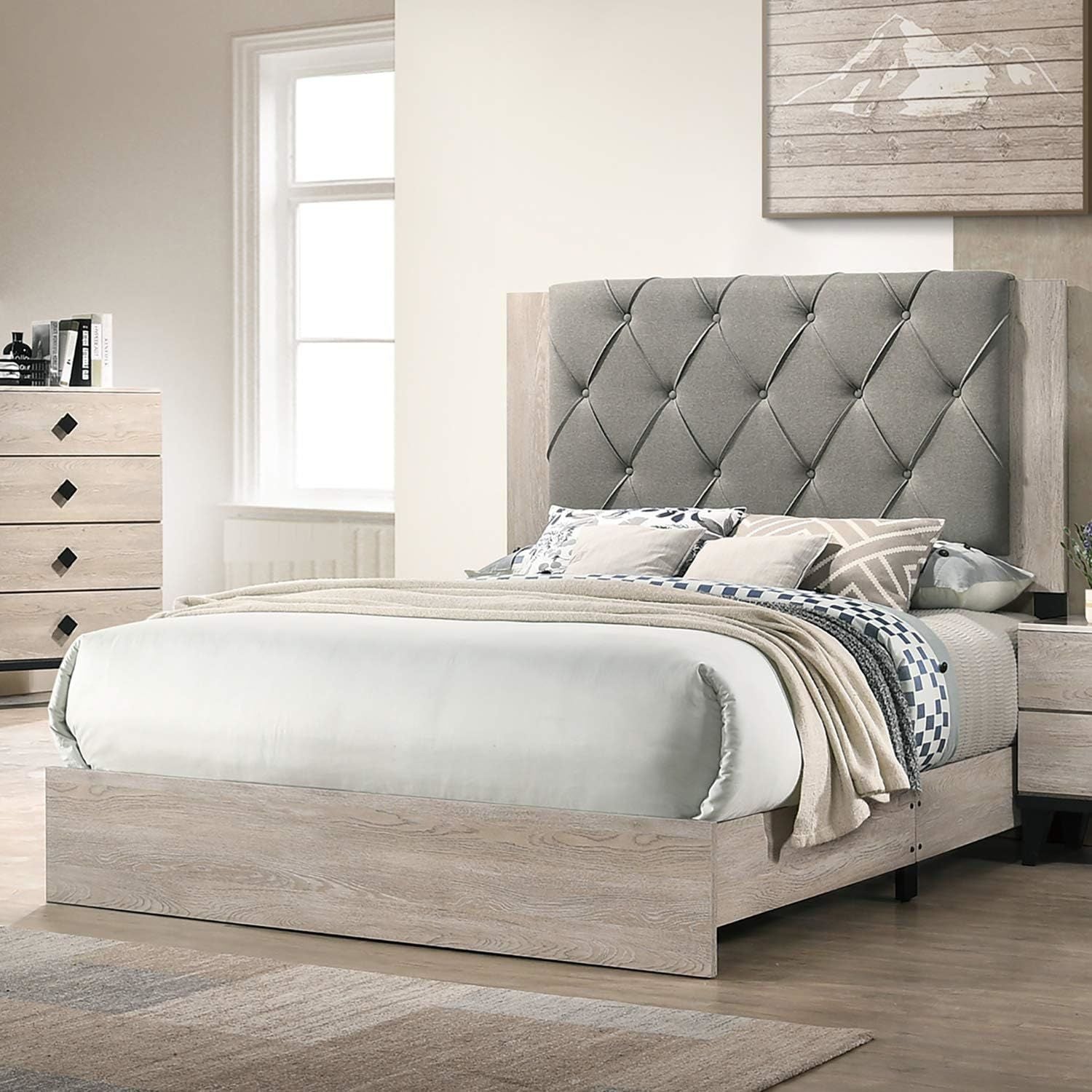 Contemporary 1pc Cream Finish Eastern King Size Bed Bedroom Furniture Gray Tufted Design Headboard Rubberwood 1pc Bedframe - DREAM YOUR HOUSE