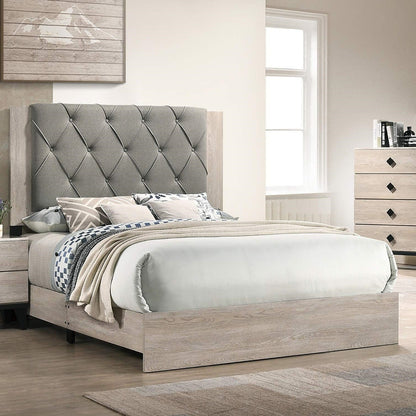 Contemporary 1pc Cream Finish Eastern King Size Bed Bedroom Furniture Gray Tufted Design Headboard Rubberwood 1pc Bedframe - DREAM YOUR HOUSE