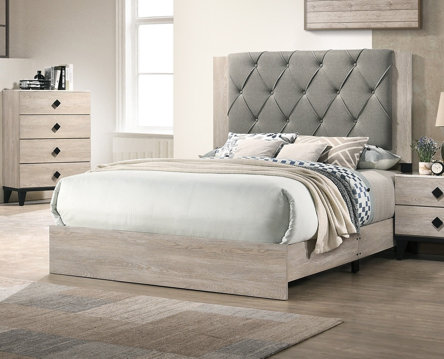 Contemporary 1pc Cream Finish Eastern King Size Bed Bedroom Furniture Gray Tufted Design Headboard Rubberwood 1pc Bedframe - DREAM YOUR HOUSE