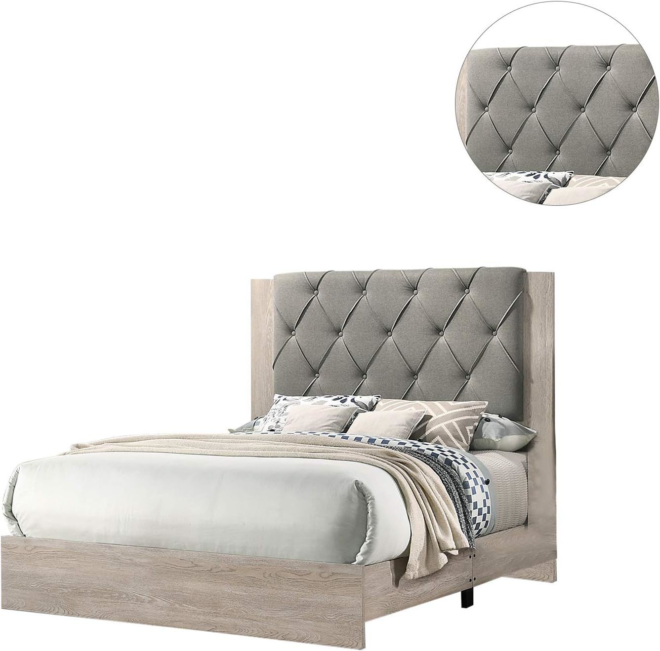 Contemporary 1pc Cream Finish Eastern King Size Bed Bedroom Furniture Gray Tufted Design Headboard Rubberwood 1pc Bedframe - DREAM YOUR HOUSE