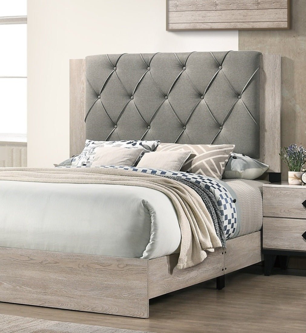 Contemporary 1pc Cream Finish Eastern King Size Bed Bedroom Furniture Gray Tufted Design Headboard Rubberwood 1pc Bedframe - DREAM YOUR HOUSE