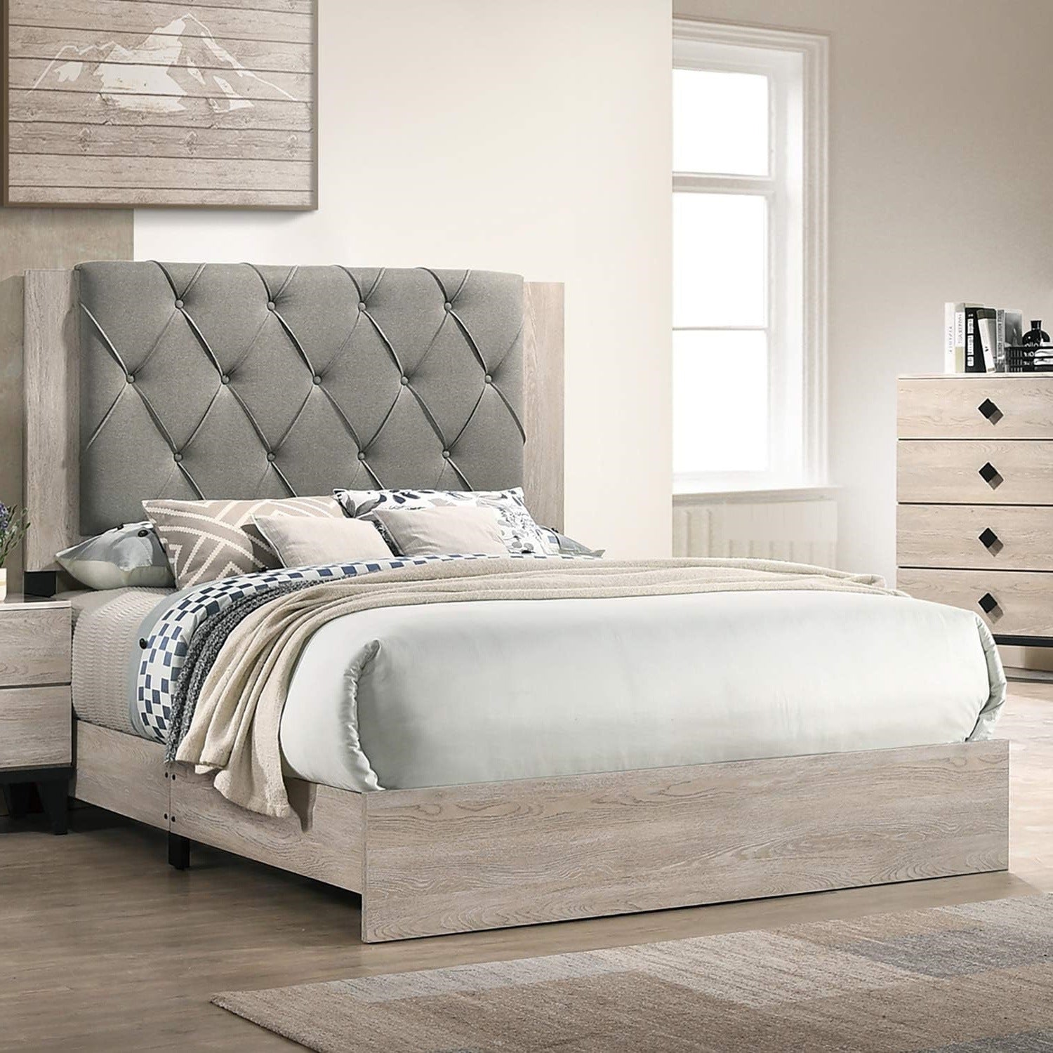 Contemporary 1pc Cream Finish Eastern King Size Bed Bedroom Furniture Gray Tufted Design Headboard Rubberwood 1pc Bedframe - DREAM YOUR HOUSE