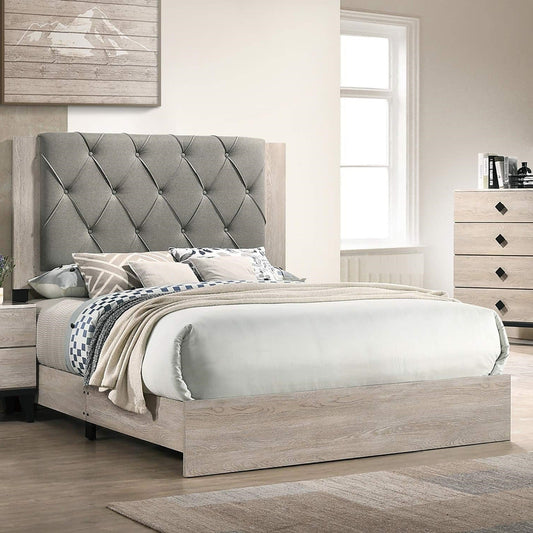 Contemporary 1pc Cream Finish Eastern King Size Bed Bedroom Furniture Gray Tufted Design Headboard Rubberwood 1pc Bedframe - DREAM YOUR HOUSE